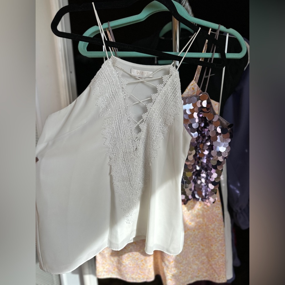 Wayf white tank with lace, size medium